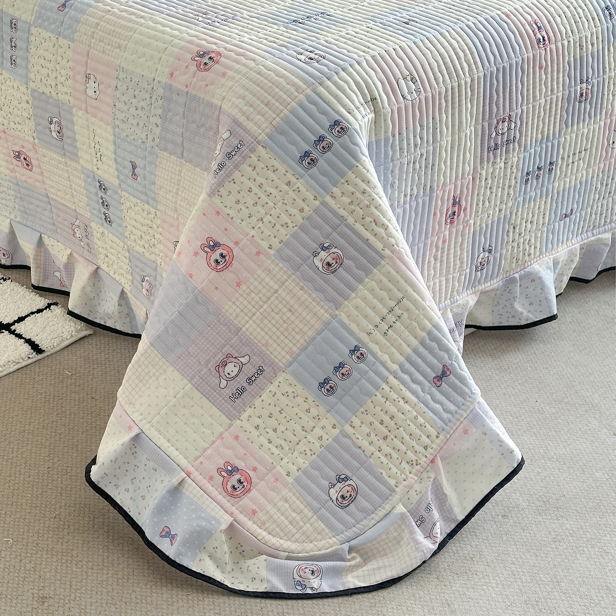 91家纺网 家纺一手货源 找家纺 （总）幸嘉轩 2026新款双层纱花边床盖单件加厚夹棉云感皱皱纱花边款床单三件套