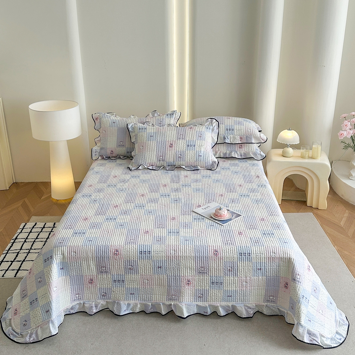 91家纺网 家纺一手货源 找家纺 （总）幸嘉轩 2026新款双层纱花边床盖单件加厚夹棉云感皱皱纱花边款床单三件套