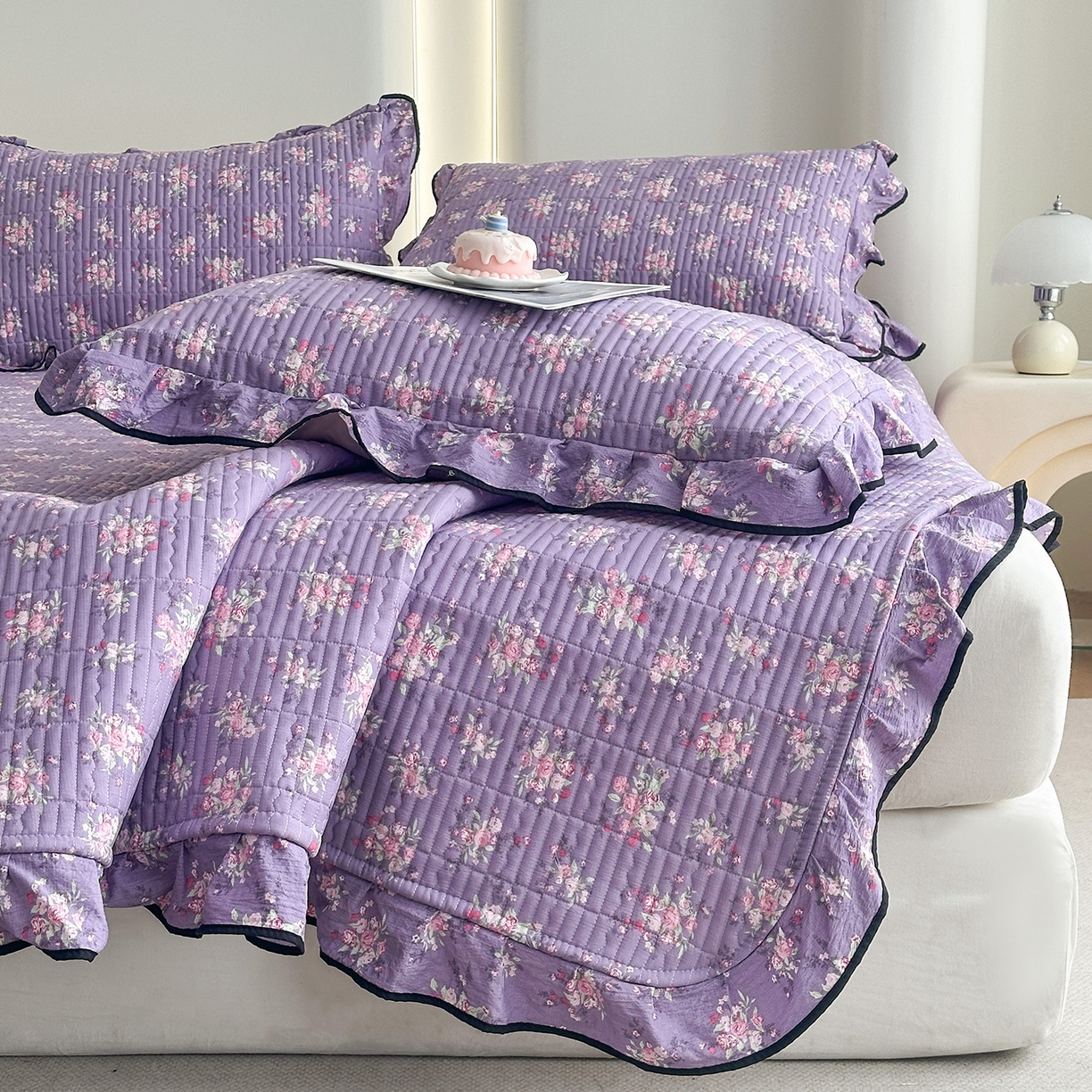 91家纺网 家纺一手货源 找家纺 （总）幸嘉轩 2026新款双层纱花边床盖单件加厚夹棉云感皱皱纱花边款床单三件套