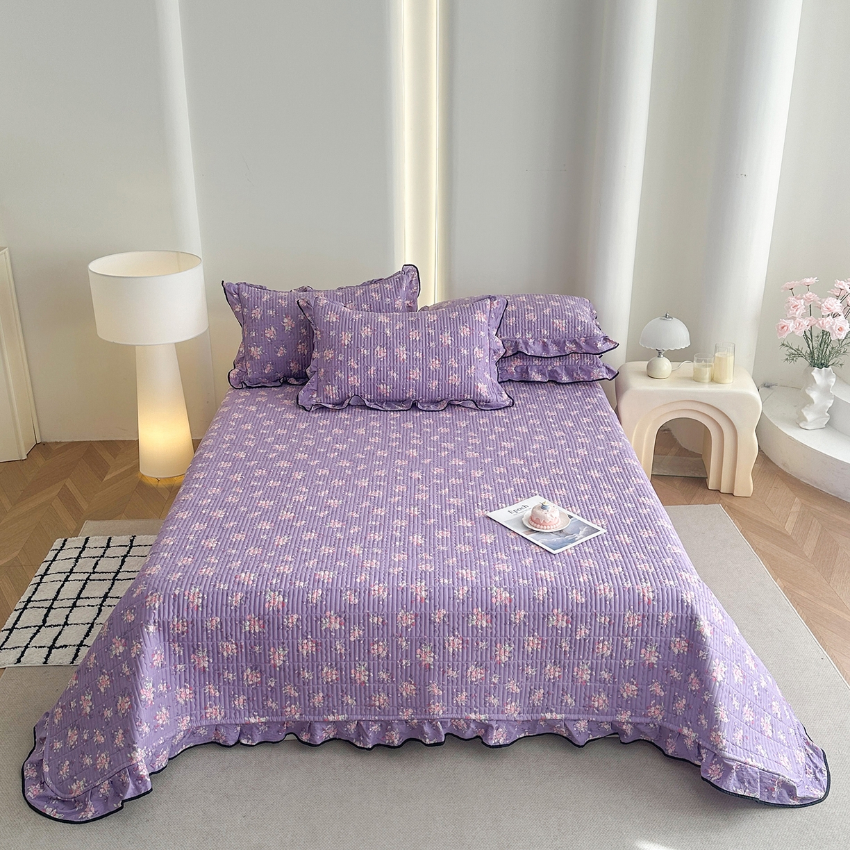 91家纺网 家纺一手货源 找家纺 幸嘉轩 2026新款双层纱花边床盖单件加厚夹棉云感皱皱纱花边款床单三件套 豆蔻年华-紫