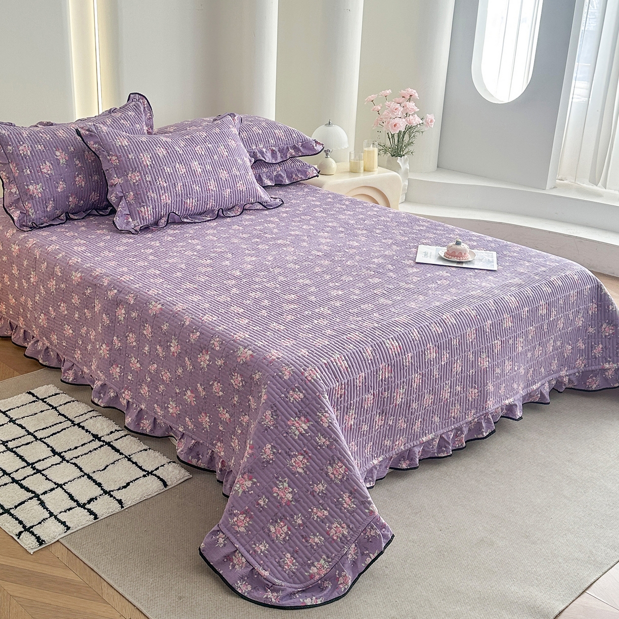 91家纺网 家纺一手货源 找家纺 幸嘉轩 2026新款双层纱花边床盖单件加厚夹棉云感皱皱纱花边款床单三件套 豆蔻年华-紫