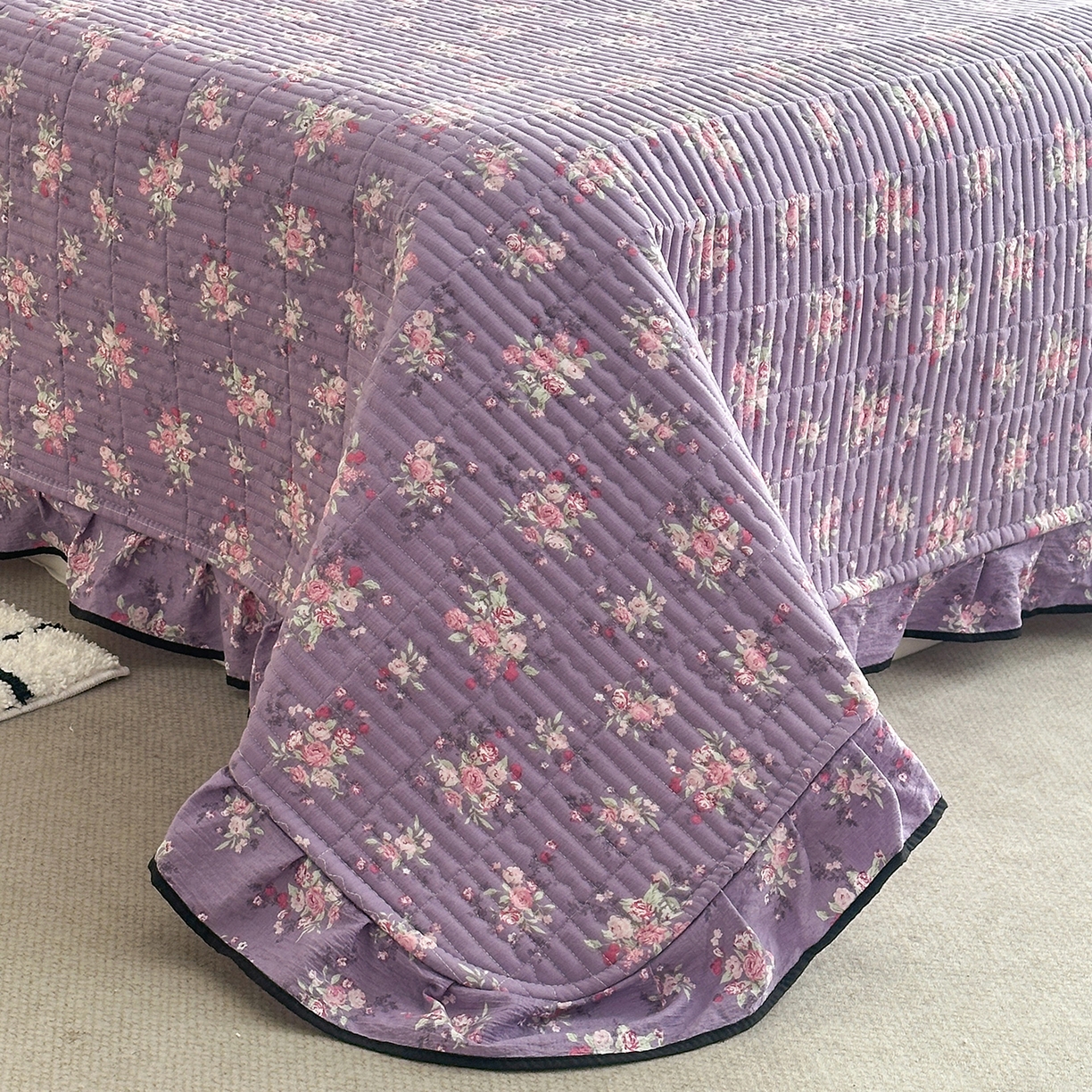 91家纺网 家纺一手货源 找家纺 幸嘉轩 2026新款双层纱花边床盖单件加厚夹棉云感皱皱纱花边款床单三件套 豆蔻年华-紫