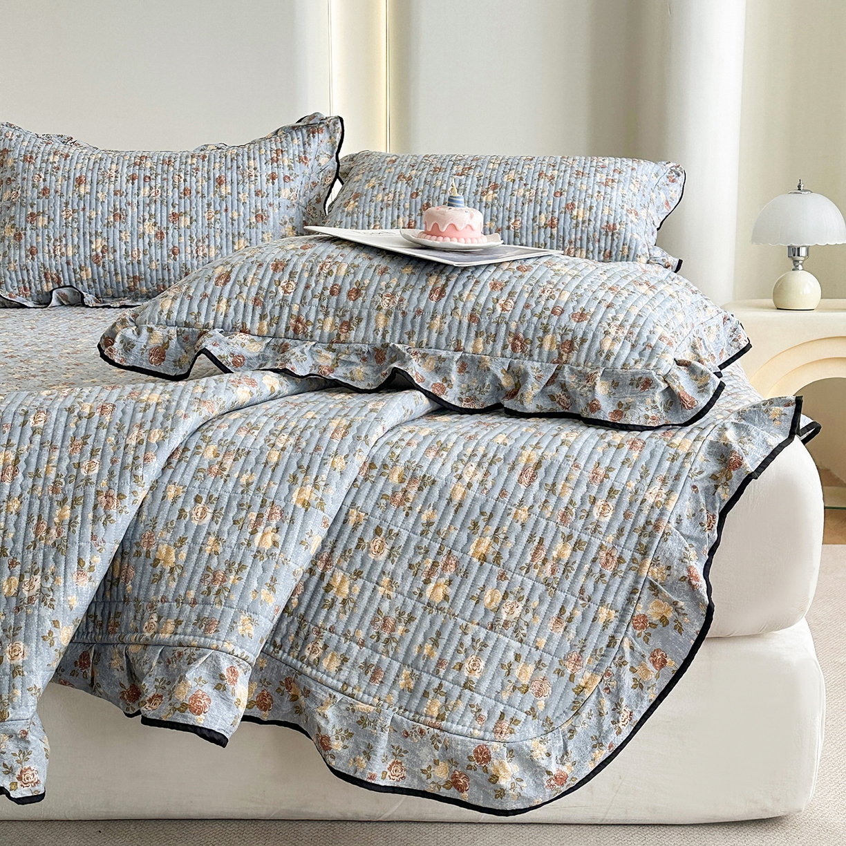 幸嘉轩 2026新款双层纱花边床盖单件加厚夹棉云感皱皱纱花边款床单三件套 醉玲珑