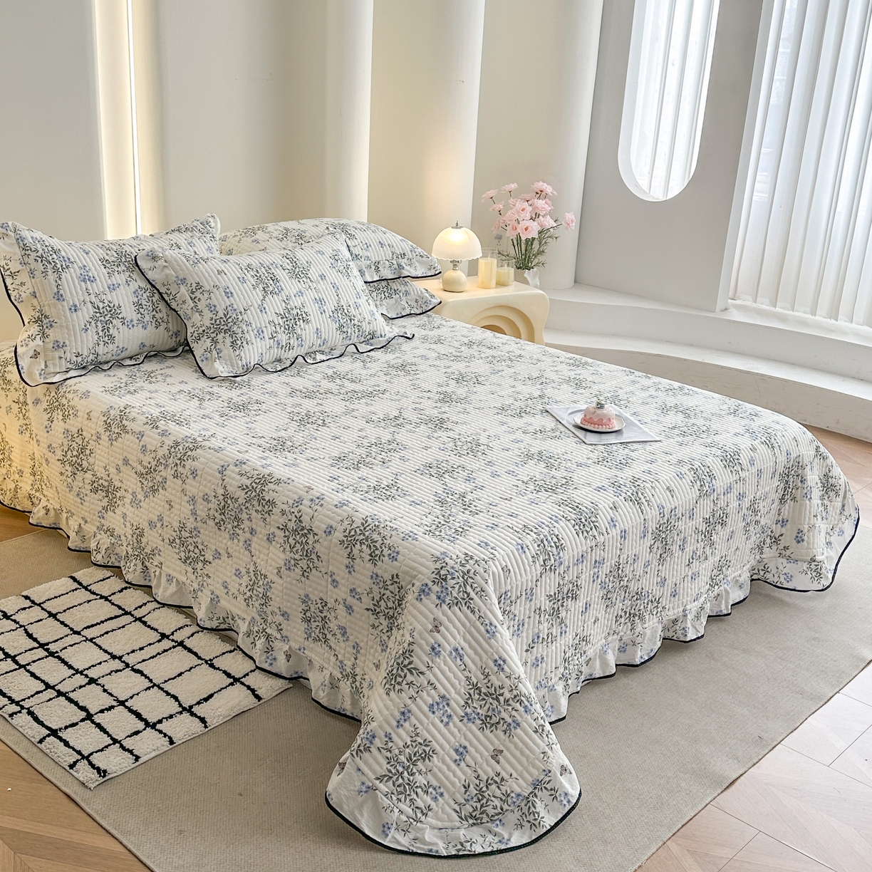 91家纺网 家纺一手货源 找家纺 幸嘉轩 2026新款双层纱花边床盖单件加厚夹棉云感皱皱纱花边款床单三件套 花香容