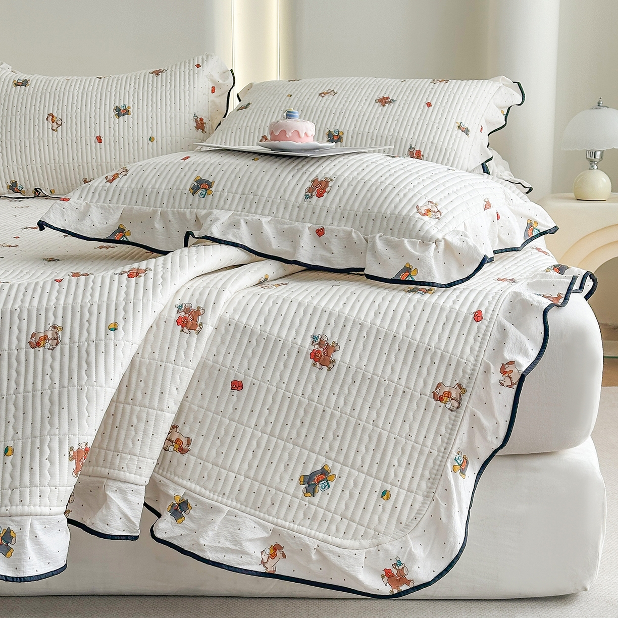 幸嘉轩 2026新款双层纱花边床盖单件加厚夹棉云感皱皱纱花边款床单三件套 吉祥小马