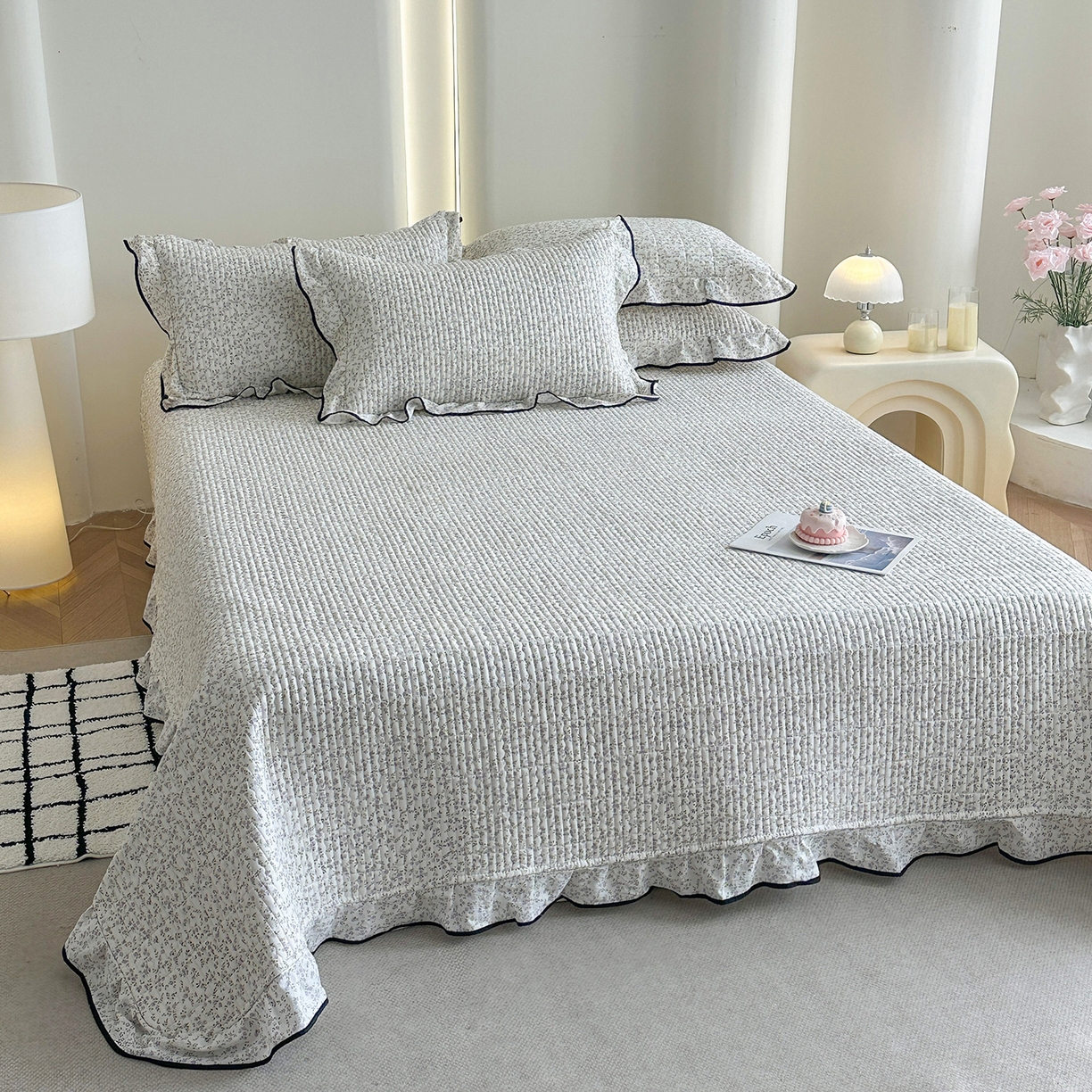 91家纺网 家纺一手货源 找家纺 幸嘉轩 2026新款双层纱花边床盖单件加厚夹棉云感皱皱纱花边款床单三件套 莫奈-紫