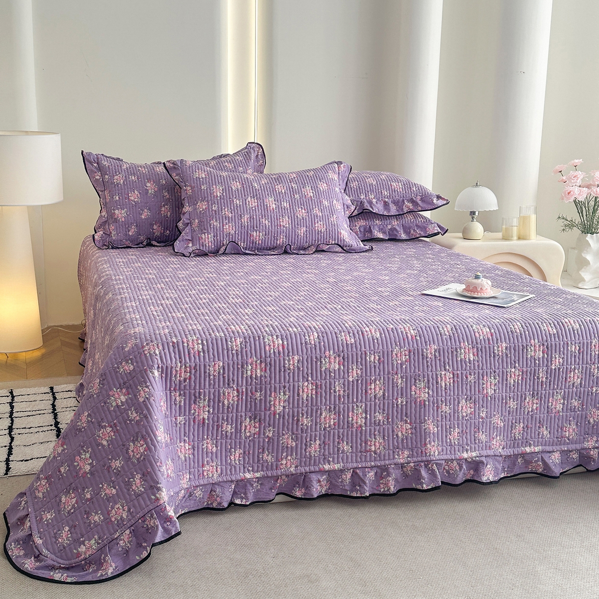 91家纺网 家纺一手货源 找家纺 幸嘉轩 2026新款双层纱花边床盖单件加厚夹棉云感皱皱纱花边款床单三件套 豆蔻年华-紫