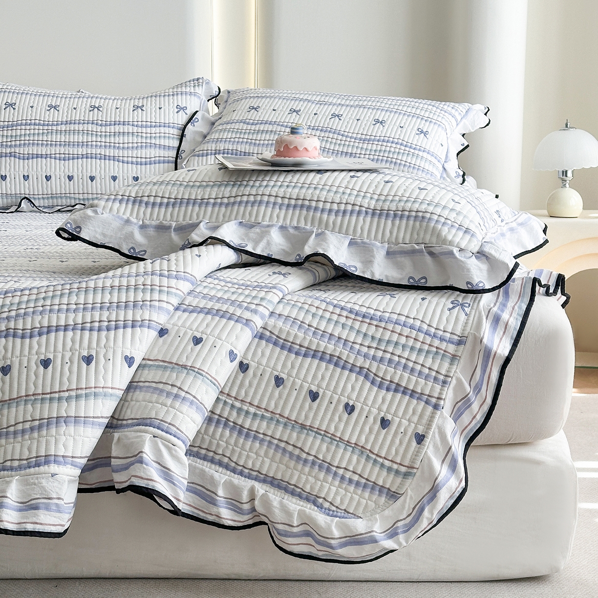 幸嘉轩 2026新款双层纱花边床盖单件加厚夹棉云感皱皱纱花边款床单三件套 风的印记