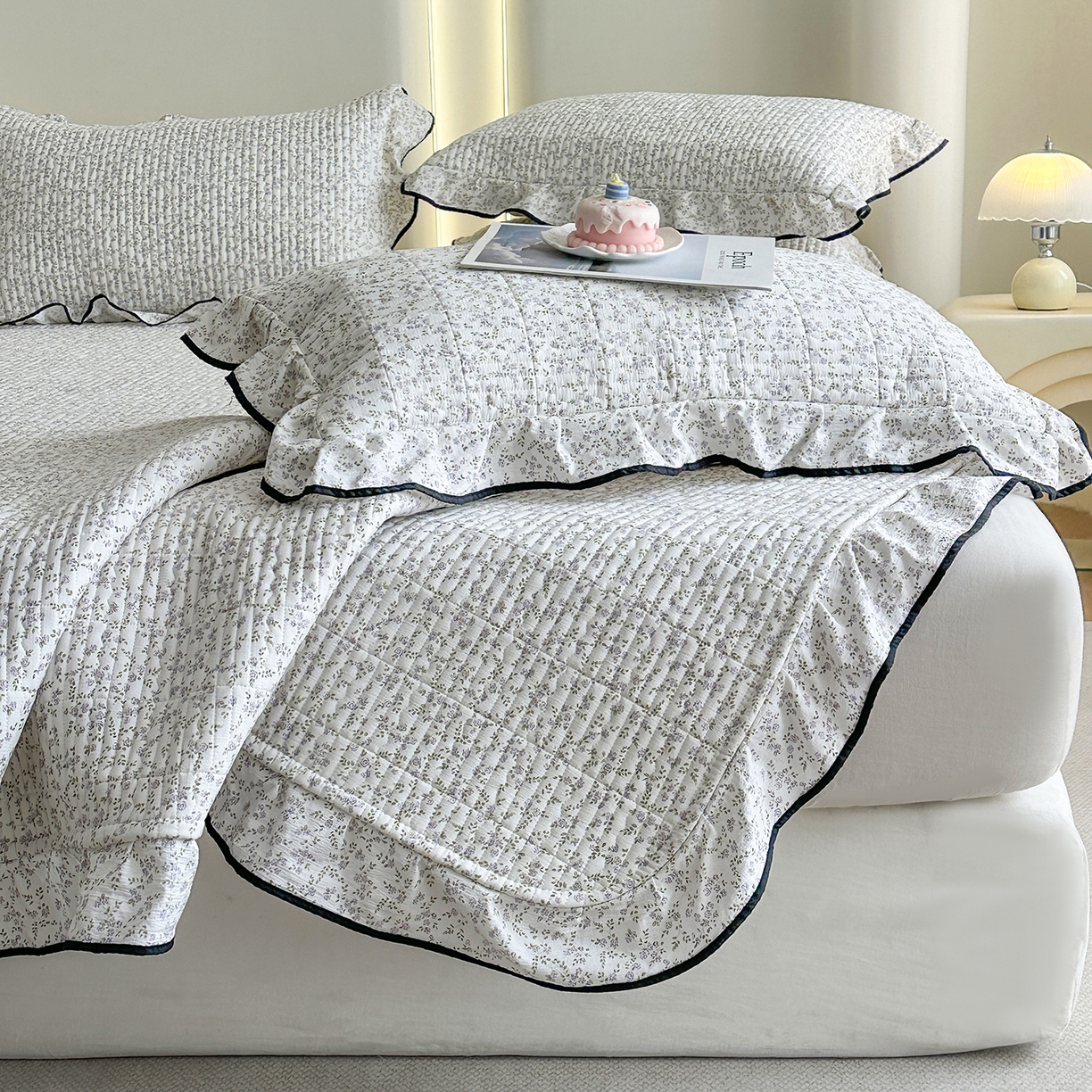 幸嘉轩 2026新款双层纱花边床盖单件加厚夹棉云感皱皱纱花边款床单三件套 莫奈-紫