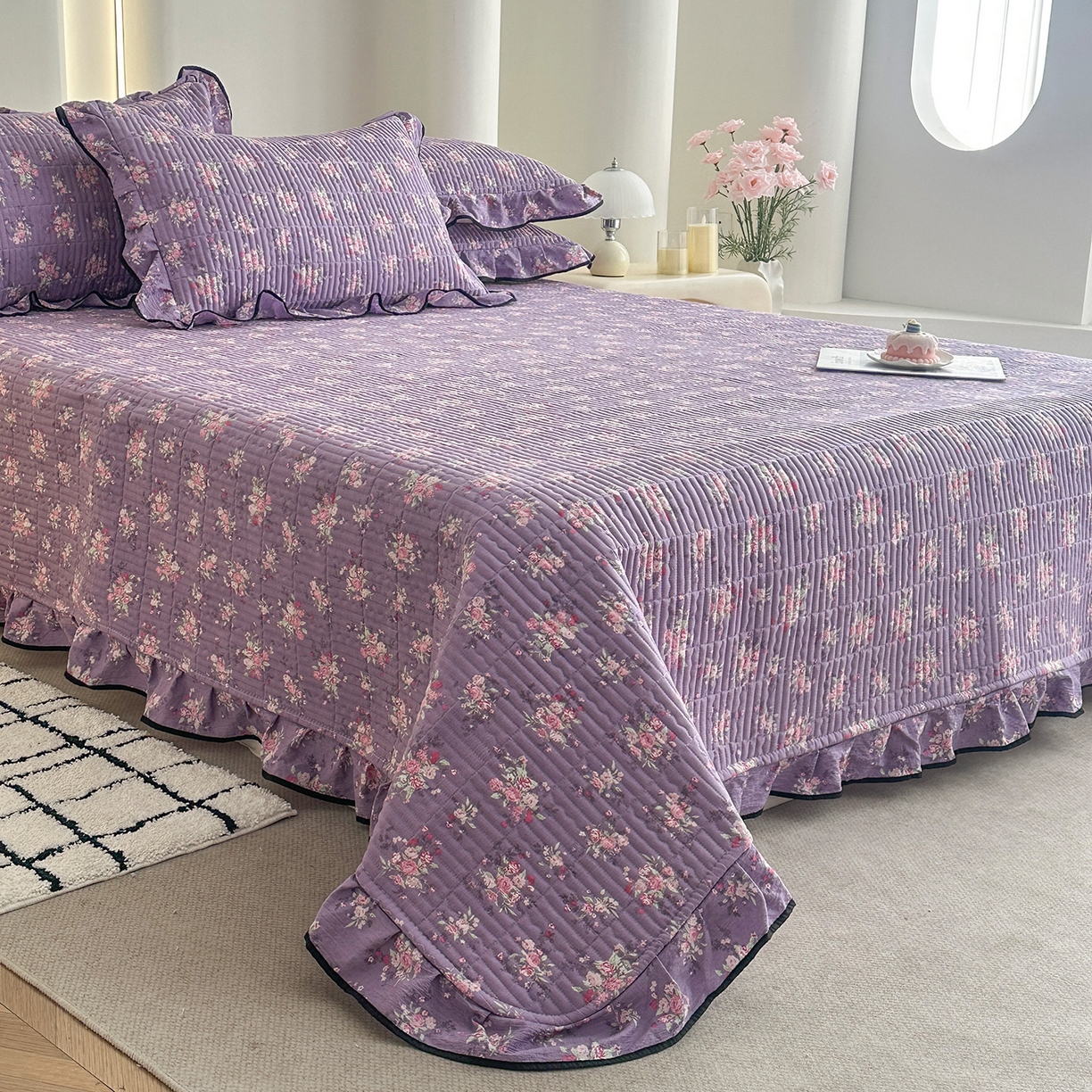 91家纺网 家纺一手货源 找家纺 幸嘉轩 2026新款双层纱花边床盖单件加厚夹棉云感皱皱纱花边款床单三件套 豆蔻年华-紫