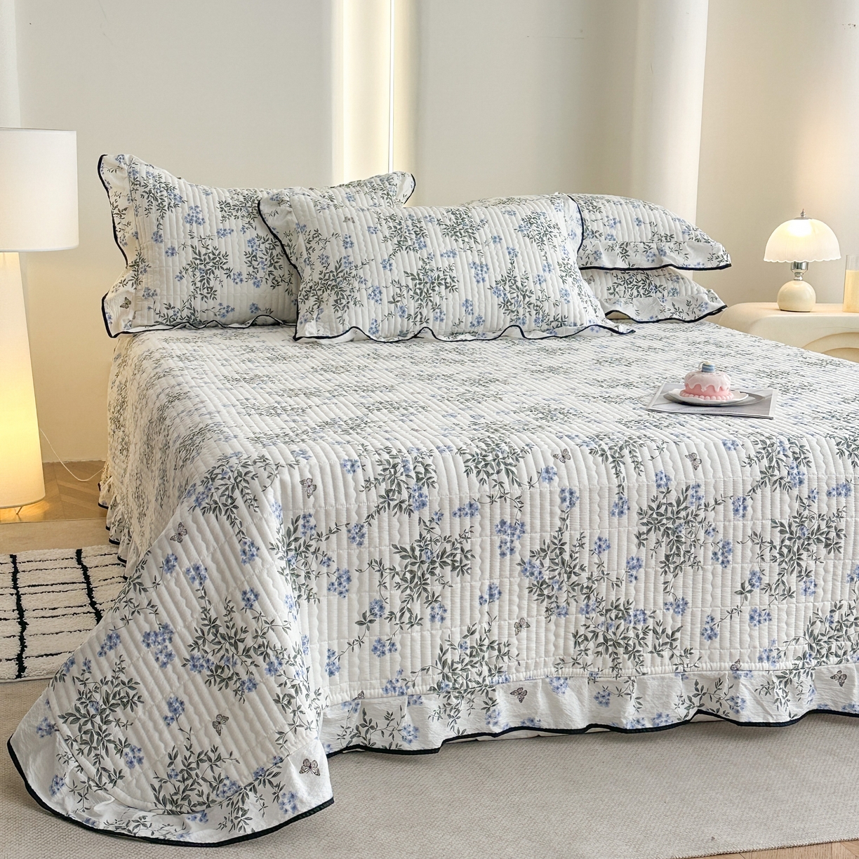 91家纺网 家纺一手货源 找家纺 幸嘉轩 2026新款双层纱花边床盖单件加厚夹棉云感皱皱纱花边款床单三件套 花香容