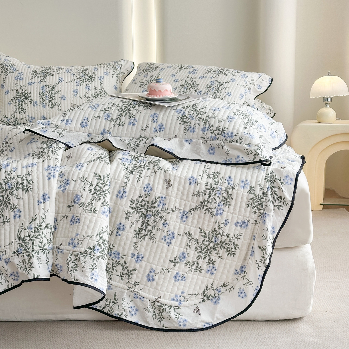 幸嘉轩 2026新款双层纱花边床盖单件加厚夹棉云感皱皱纱花边款床单三件套 花香容