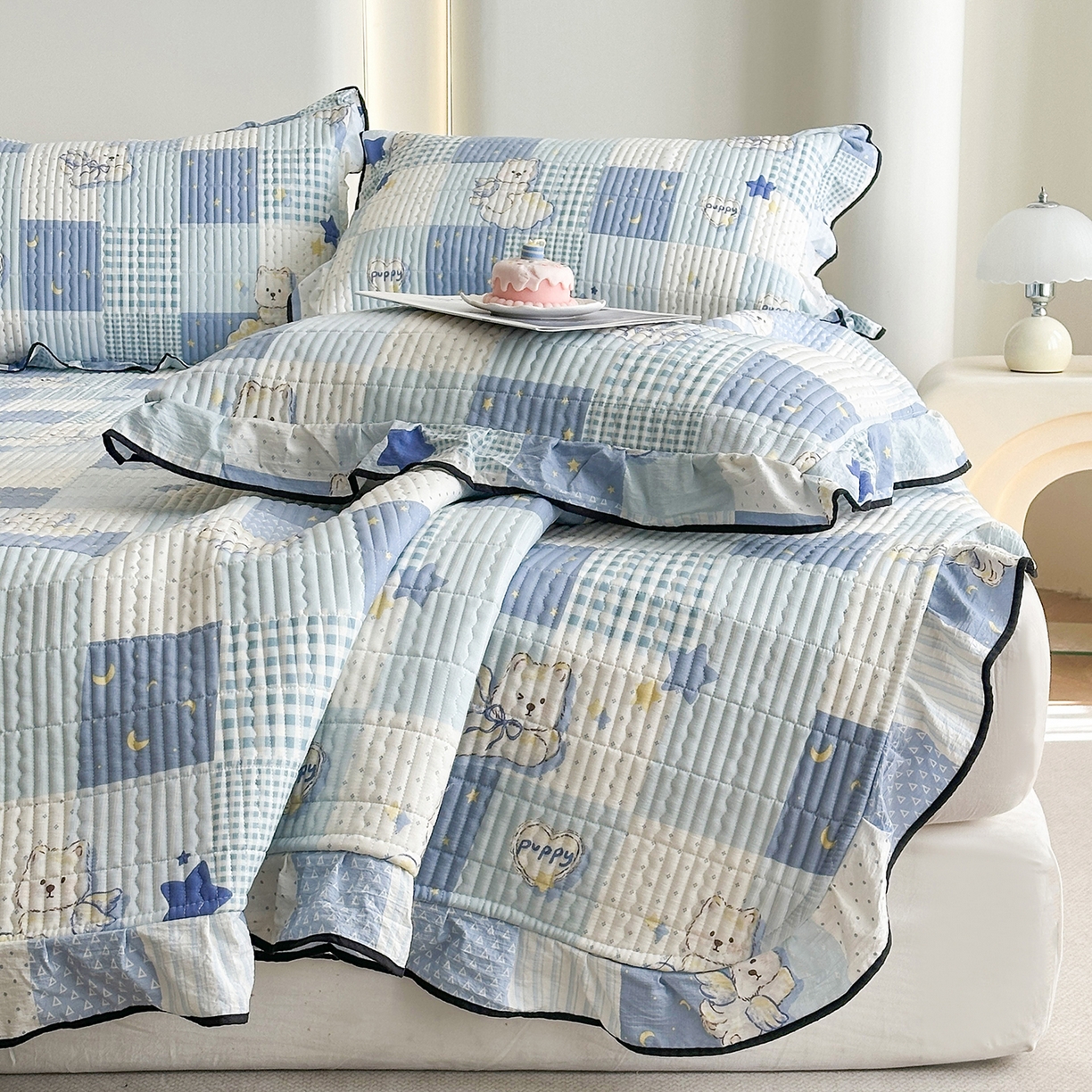 幸嘉轩 2026新款双层纱花边床盖单件加厚夹棉云感皱皱纱花边款床单三件套 蓝色泡芙狗