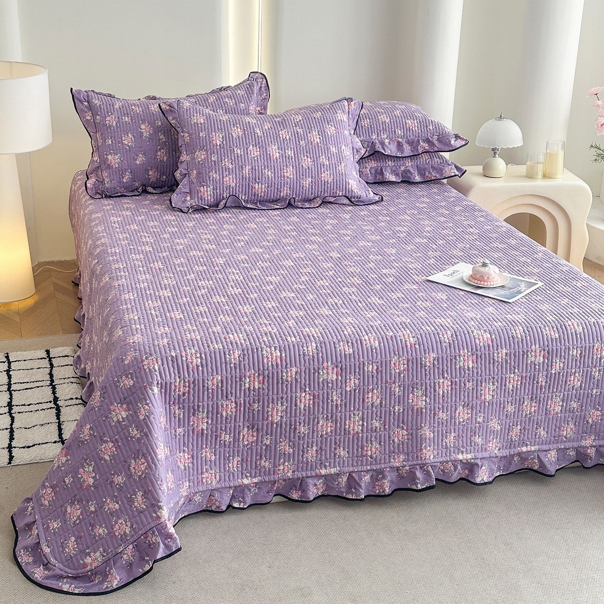 91家纺网 家纺一手货源 找家纺 幸嘉轩 2026新款双层纱花边床盖单件加厚夹棉云感皱皱纱花边款床单三件套 豆蔻年华-紫