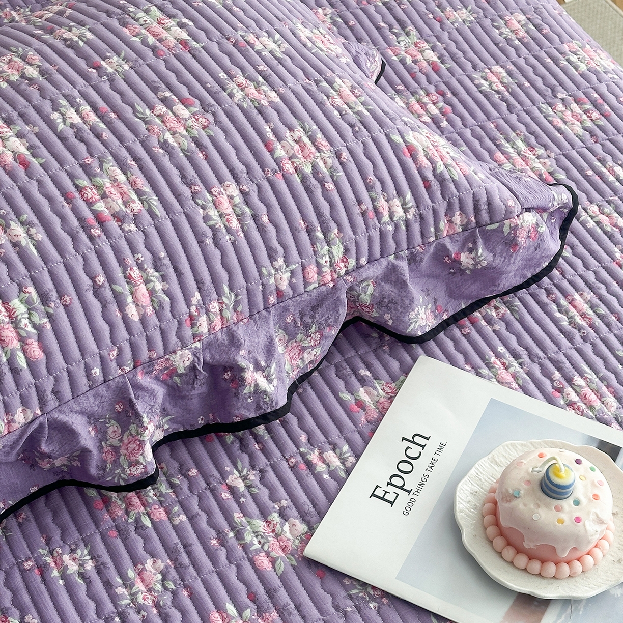 91家纺网 家纺一手货源 找家纺 幸嘉轩 2026新款双层纱花边床盖单件加厚夹棉云感皱皱纱花边款床单三件套 豆蔻年华-紫