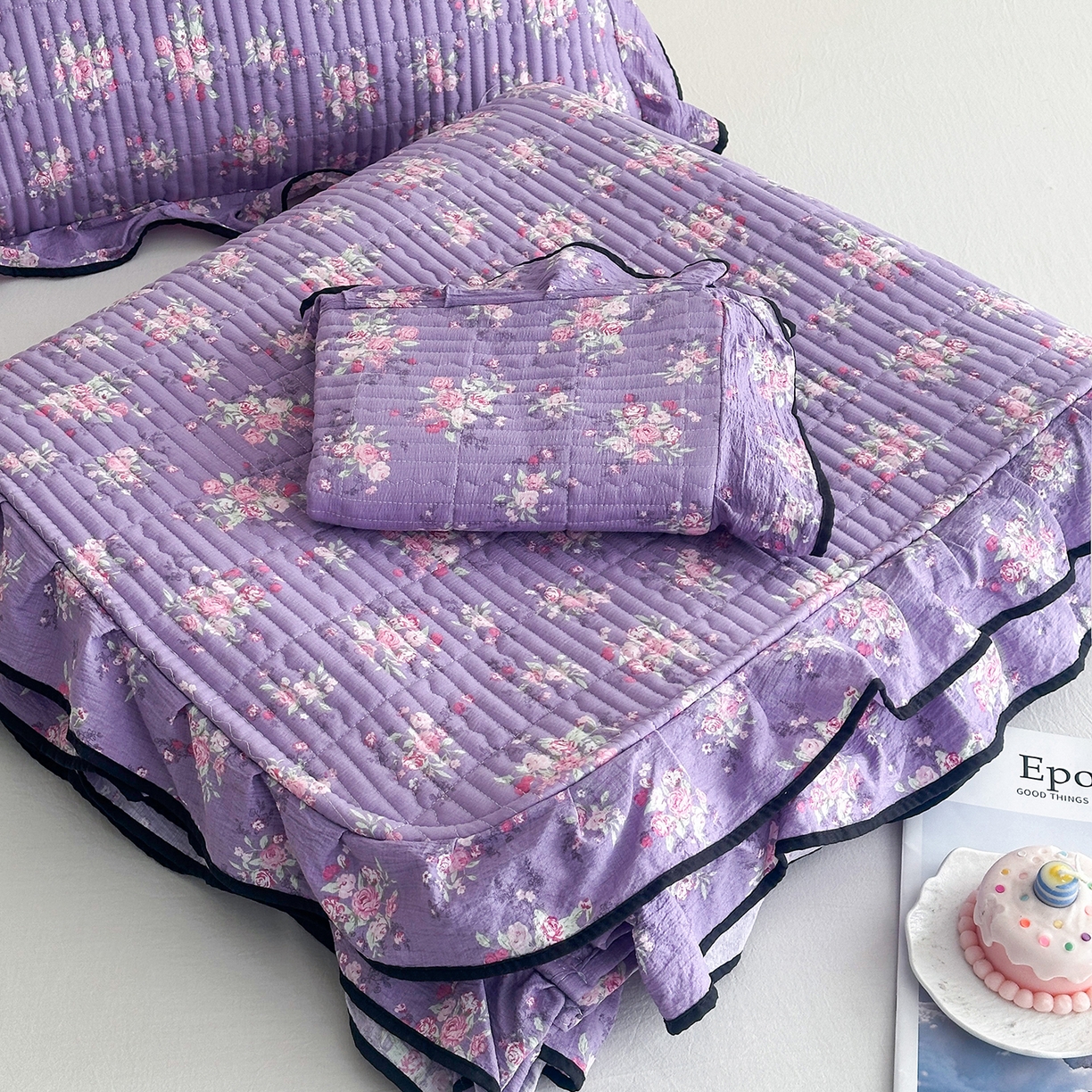 91家纺网 家纺一手货源 找家纺 幸嘉轩 2026新款双层纱花边床盖单件加厚夹棉云感皱皱纱花边款床单三件套 豆蔻年华-紫