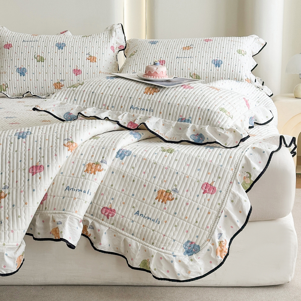 幸嘉轩 2026新款双层纱花边床盖单件加厚夹棉云感皱皱纱花边款床单三件套 快乐小象