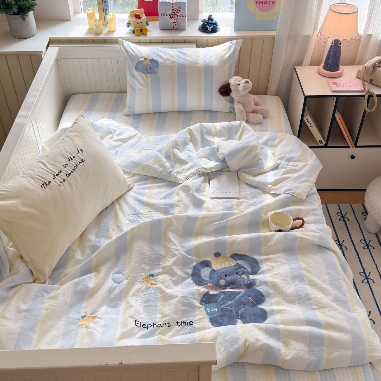 91家纺网 家纺一手货源 找家纺 吾欢心 2026新款贴布绣水洗棉床盖款夏被四件套 夏凉被空调被 萌萌小象