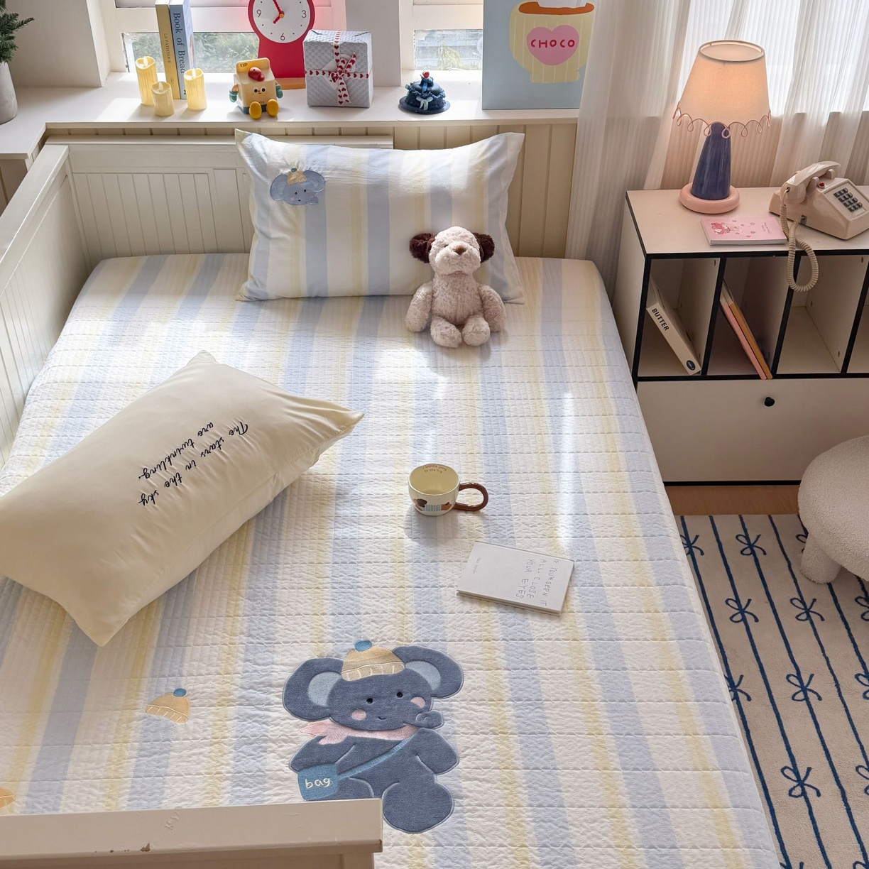 91家纺网 家纺一手货源 找家纺 吾欢心 2026新款贴布绣水洗棉床盖款夏被四件套 夏凉被空调被 萌萌小象