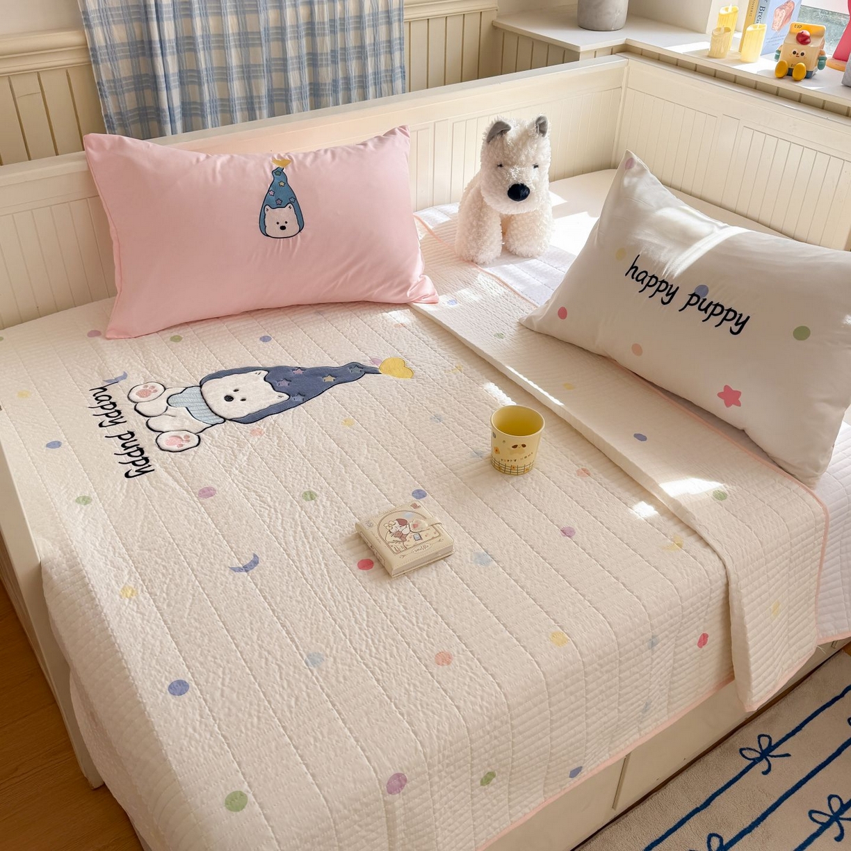 91家纺网 家纺一手货源 找家纺 吾欢心 2026新款贴布绣水洗棉床盖款夏被四件套 夏凉被空调被 开心露比