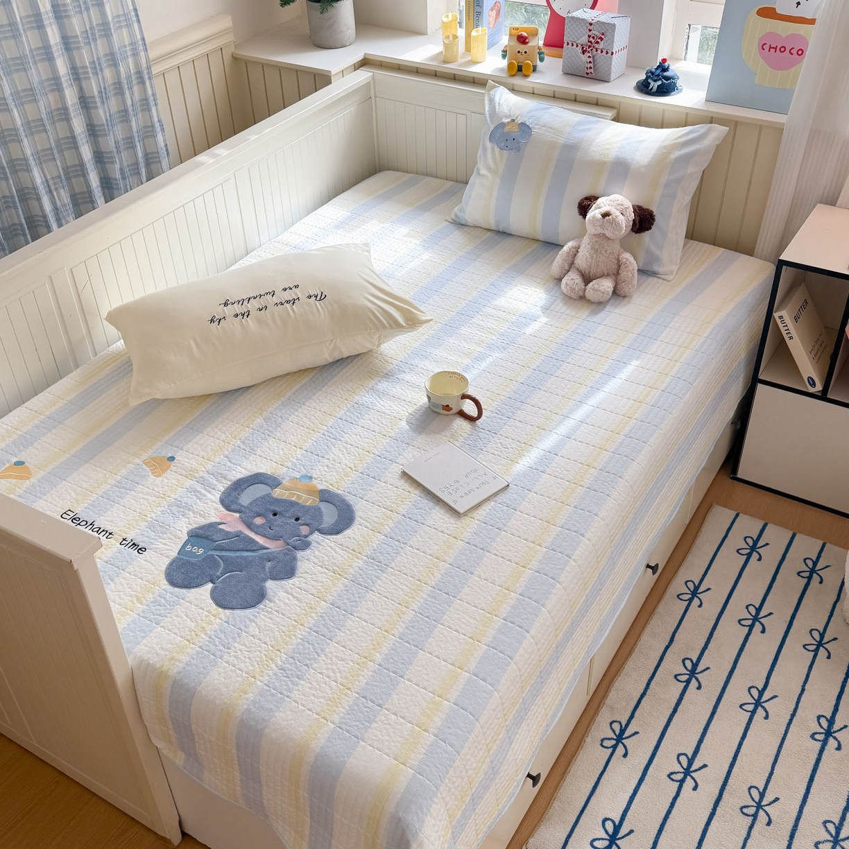 91家纺网 家纺一手货源 找家纺 吾欢心 2026新款贴布绣水洗棉床盖款夏被四件套 夏凉被空调被 萌萌小象