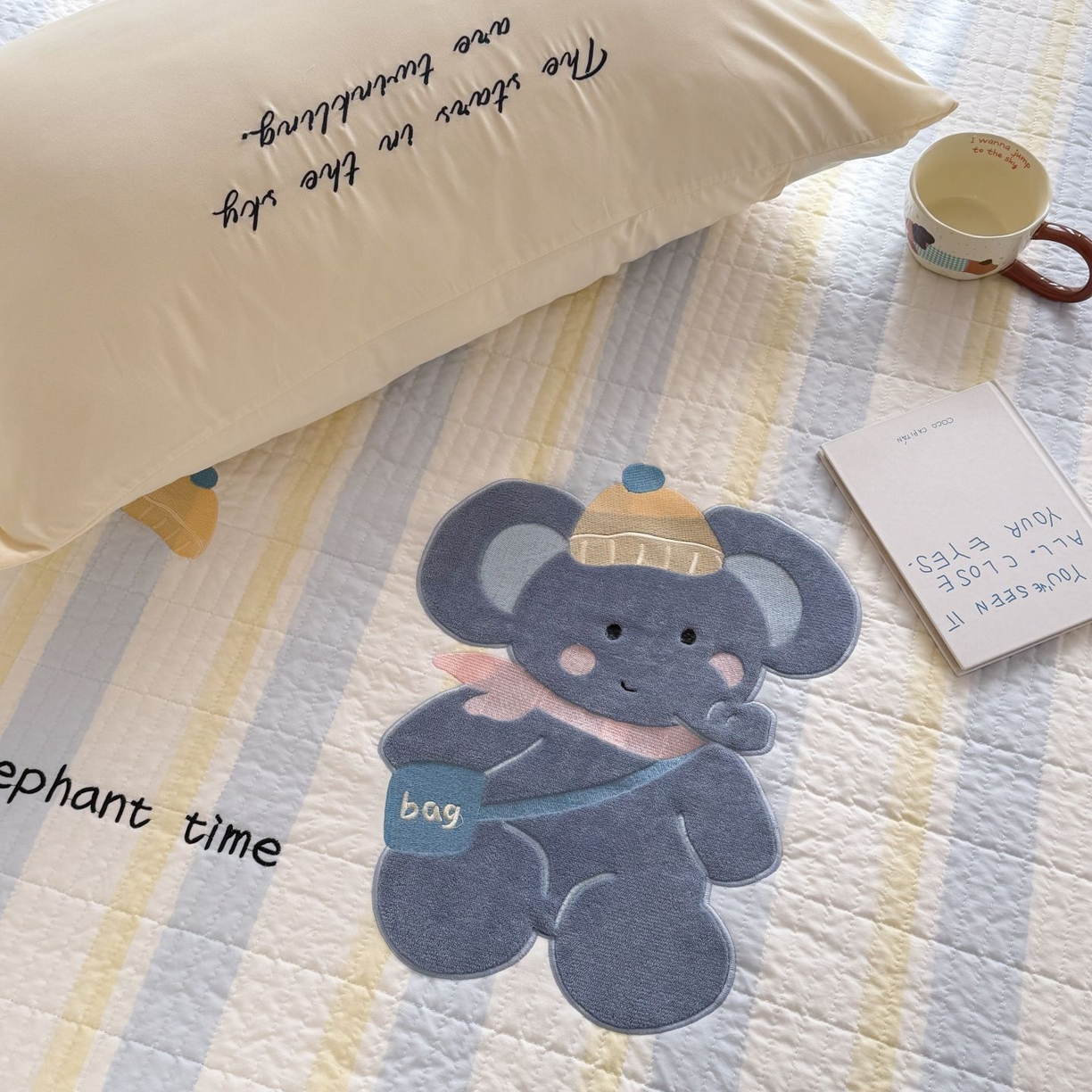 91家纺网 家纺一手货源 找家纺 吾欢心 2026新款贴布绣水洗棉床盖款夏被四件套 夏凉被空调被 萌萌小象