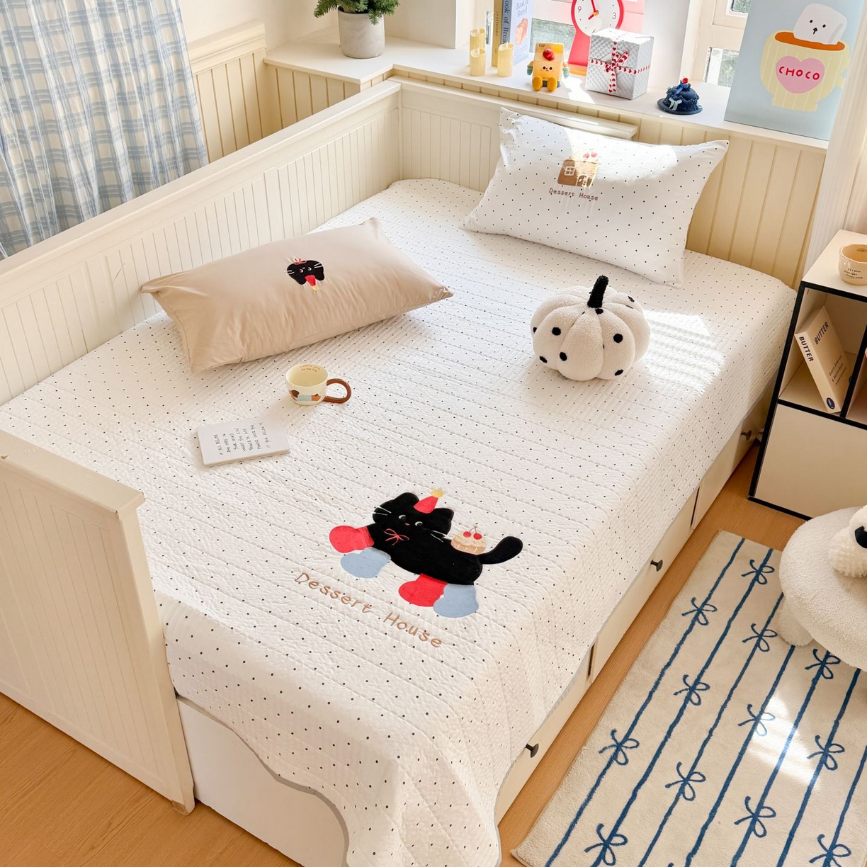 91家纺网 家纺一手货源 找家纺 吾欢心 2026新款贴布绣水洗棉床盖款夏被四件套 夏凉被空调被 搞怪猫咪