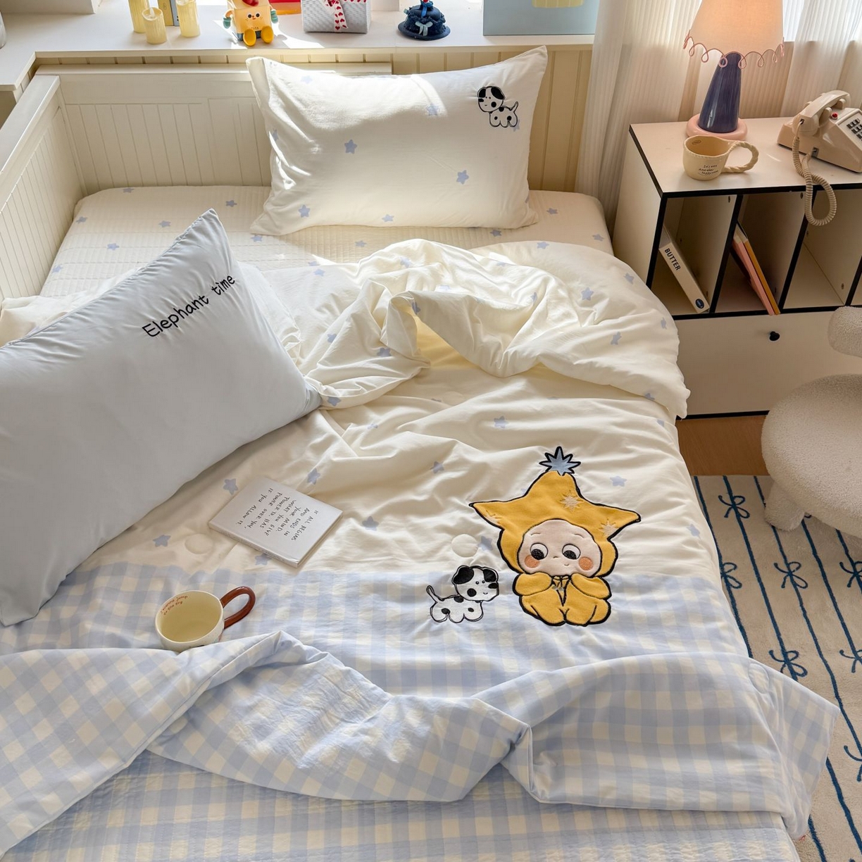 91家纺网 家纺一手货源 找家纺 吾欢心 2026新款贴布绣水洗棉床盖款夏被四件套 夏凉被空调被 星星宝贝