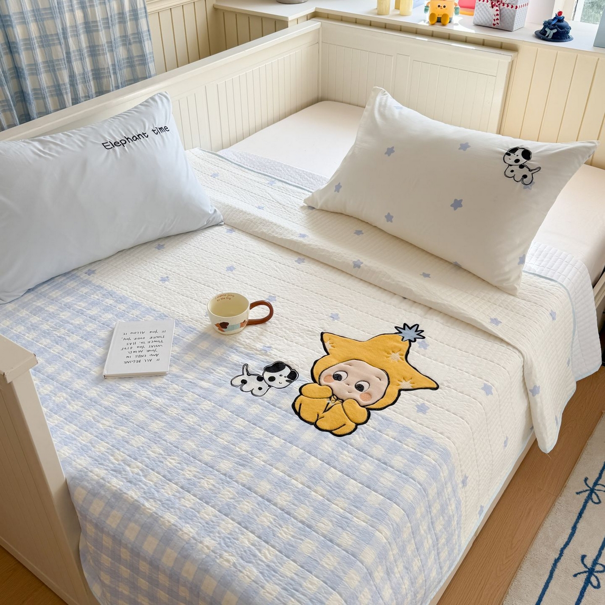 91家纺网 家纺一手货源 找家纺 吾欢心 2026新款贴布绣水洗棉床盖款夏被四件套 夏凉被空调被 星星宝贝