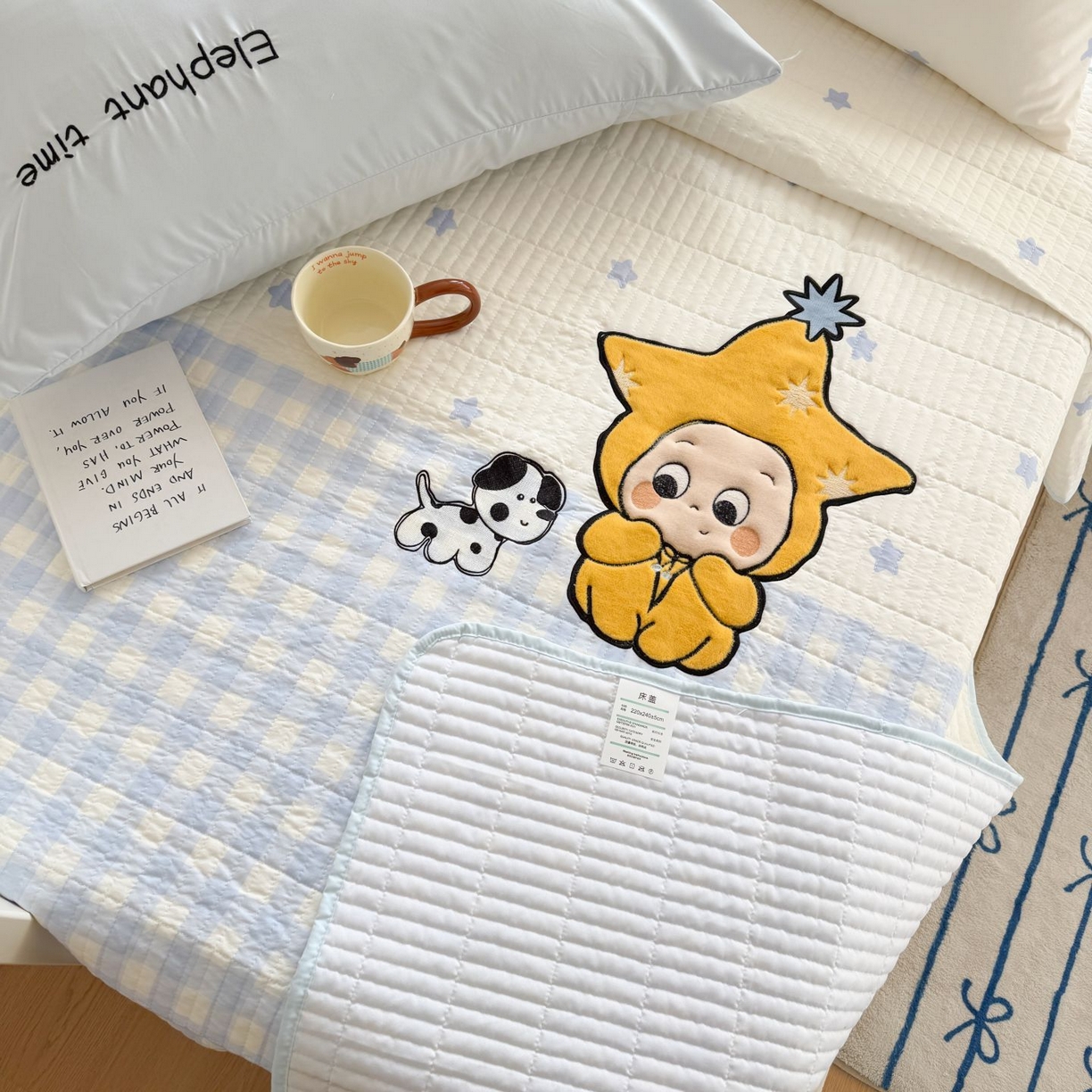 91家纺网 家纺一手货源 找家纺 吾欢心 2026新款贴布绣水洗棉床盖款夏被四件套 夏凉被空调被 星星宝贝