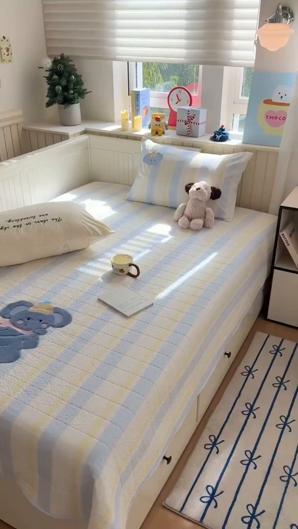 91家纺网 家纺一手货源 找家纺 吾欢心 2026新款贴布绣水洗棉床盖款夏被四件套 夏凉被空调被 萌萌小象