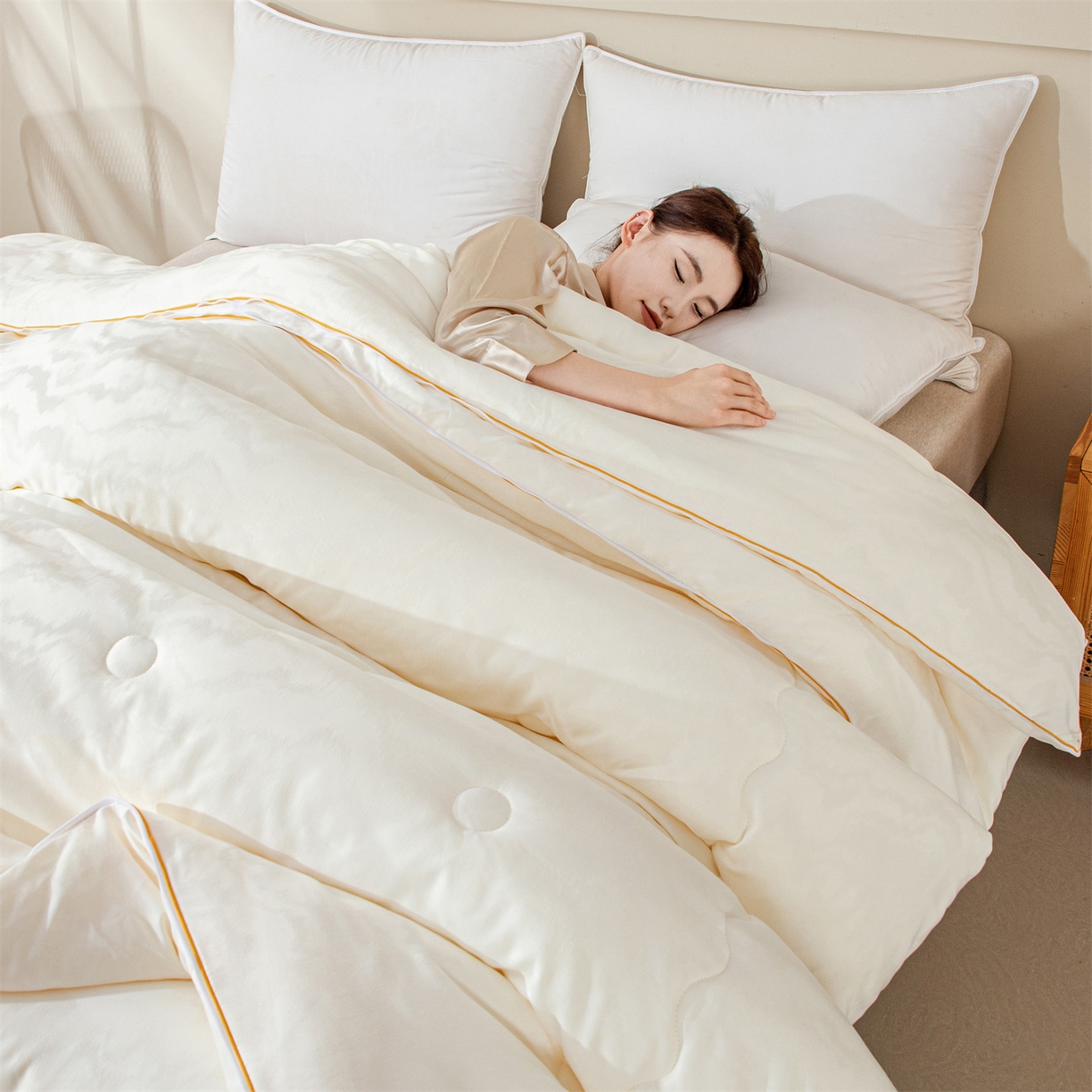 91家纺网 家纺一手货源 找家纺 小禹仔家纺 2026新款全棉提花蚕蛹蛋白子母被-山水系列 山水-奶白