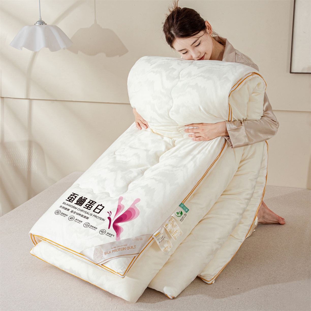 91家纺网 家纺一手货源 找家纺 小禹仔家纺 2026新款全棉提花蚕蛹蛋白子母被-山水系列 山水-奶白