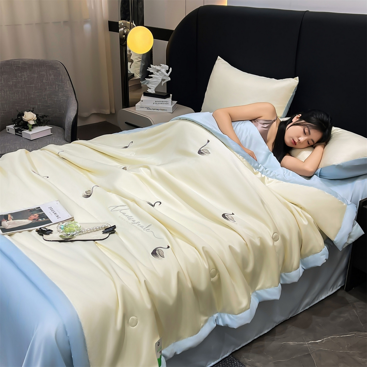 梵蒂莎 2026新款满绣系列-水洗真丝空调被水洗冰丝夏被四件套夏凉被（需要买家秀，加微信） 天鹅-白蓝