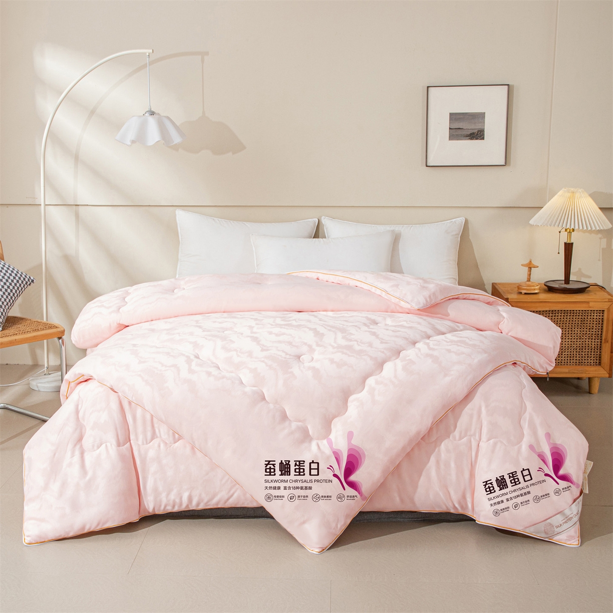 91家纺网 家纺一手货源 找家纺 小禹仔家纺 2026新款全棉提花蚕蛹蛋白子母被-山水系列 山水-粉玉