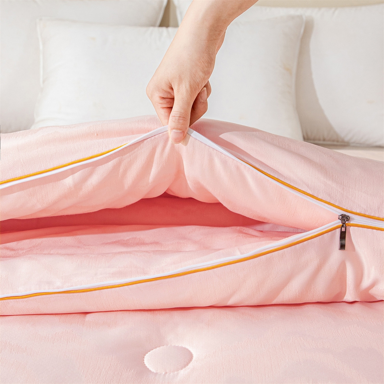 91家纺网 家纺一手货源 找家纺 小禹仔家纺 2026新款全棉提花蚕蛹蛋白子母被-山水系列 山水-粉玉