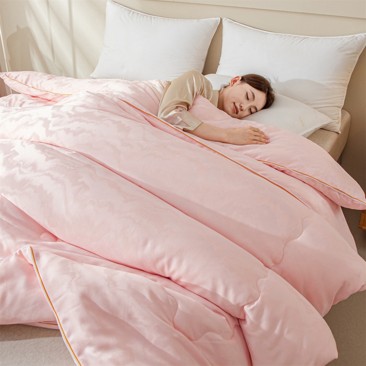 91家纺网 家纺一手货源 找家纺 小禹仔家纺 2026新款全棉提花蚕蛹蛋白子母被-山水系列 山水-粉玉