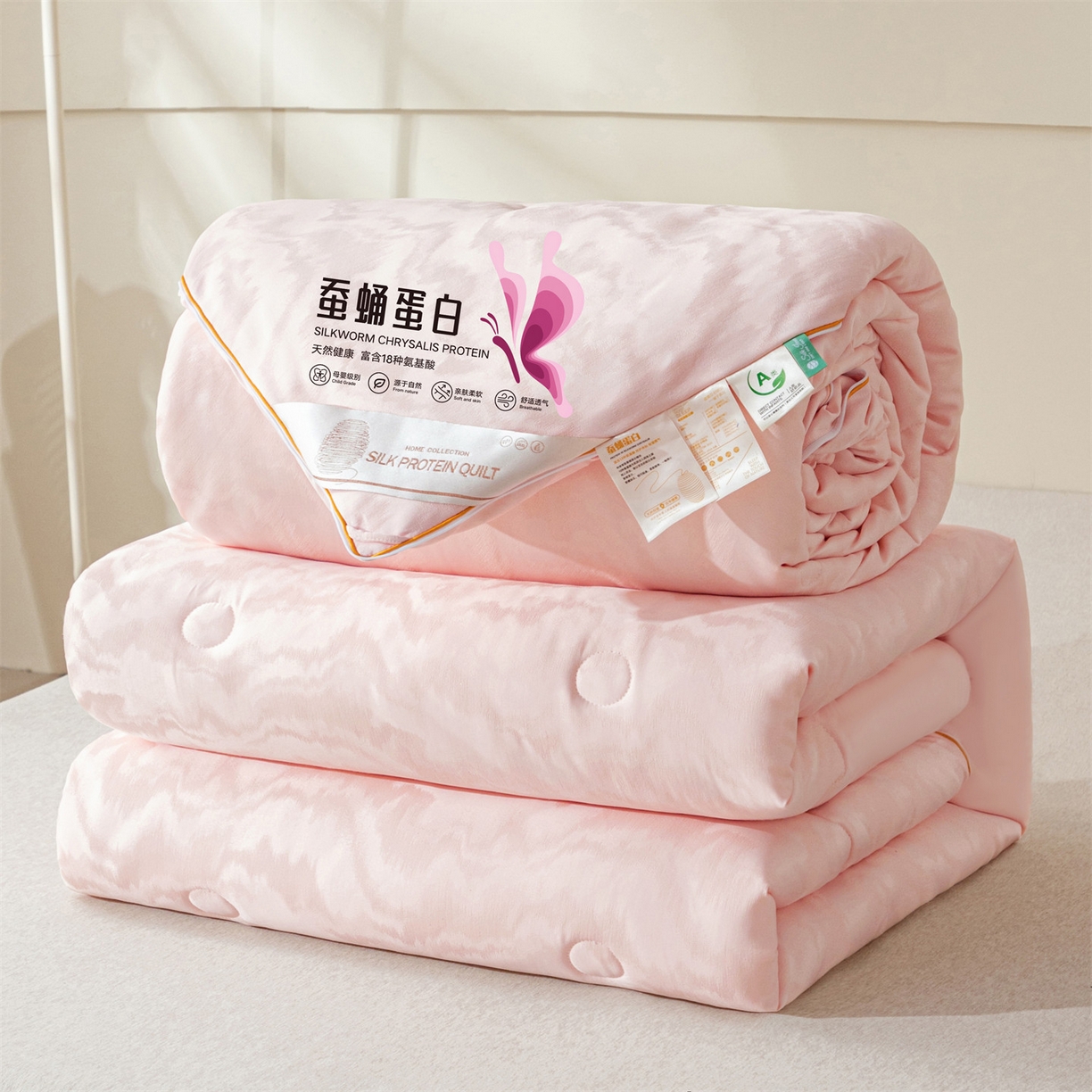 91家纺网 家纺一手货源 找家纺 小禹仔家纺 2026新款全棉提花蚕蛹蛋白子母被-山水系列 山水-粉玉