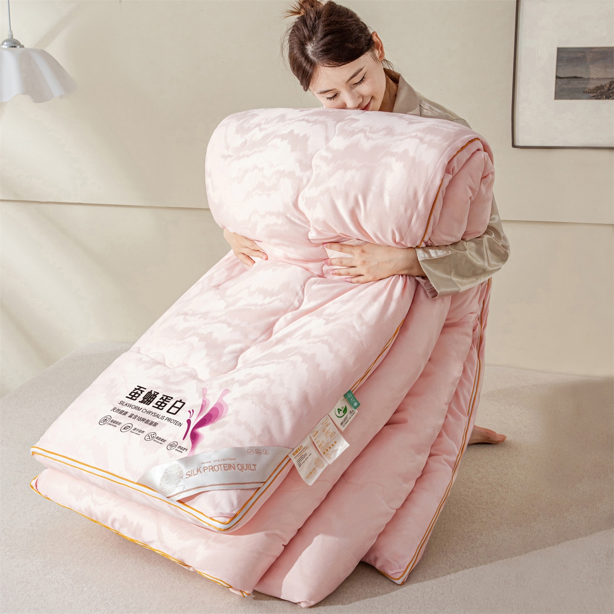 91家纺网 家纺一手货源 找家纺 小禹仔家纺 2026新款全棉提花蚕蛹蛋白子母被-山水系列 山水-粉玉