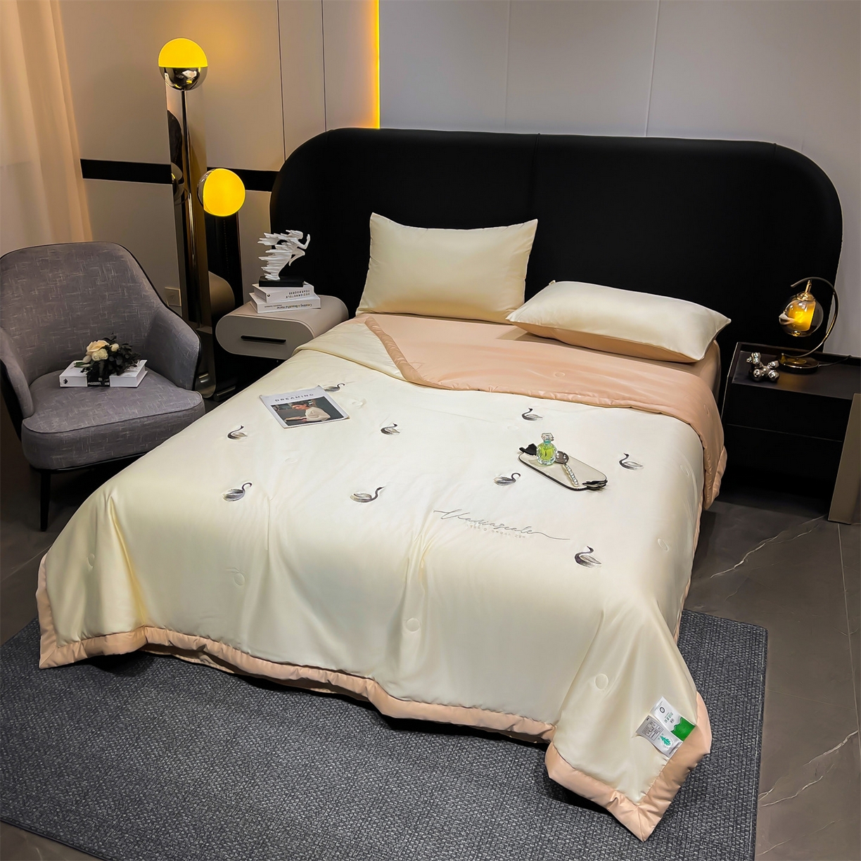 91家纺网 家纺一手货源 找家纺 梵蒂莎 2026新款满绣系列-水洗真丝空调被水洗冰丝夏被四件套夏凉被（需要买家秀，加微信） 天鹅-白香槟