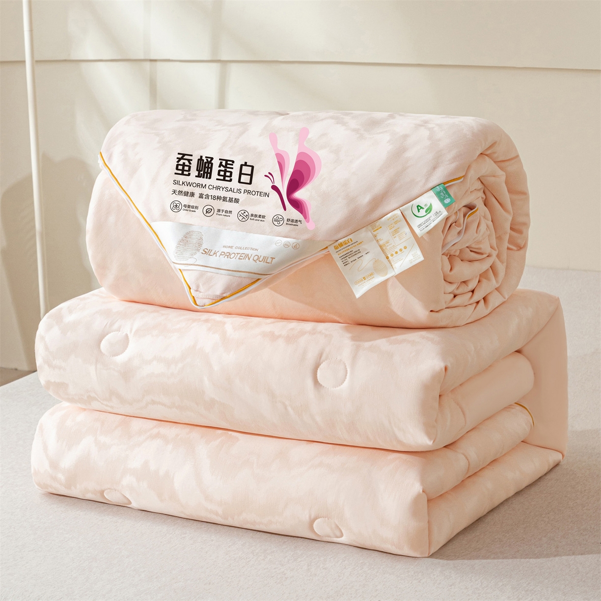 91家纺网 家纺一手货源 找家纺 小禹仔家纺 2026新款全棉提花蚕蛹蛋白子母被-山水系列 山水-香槟