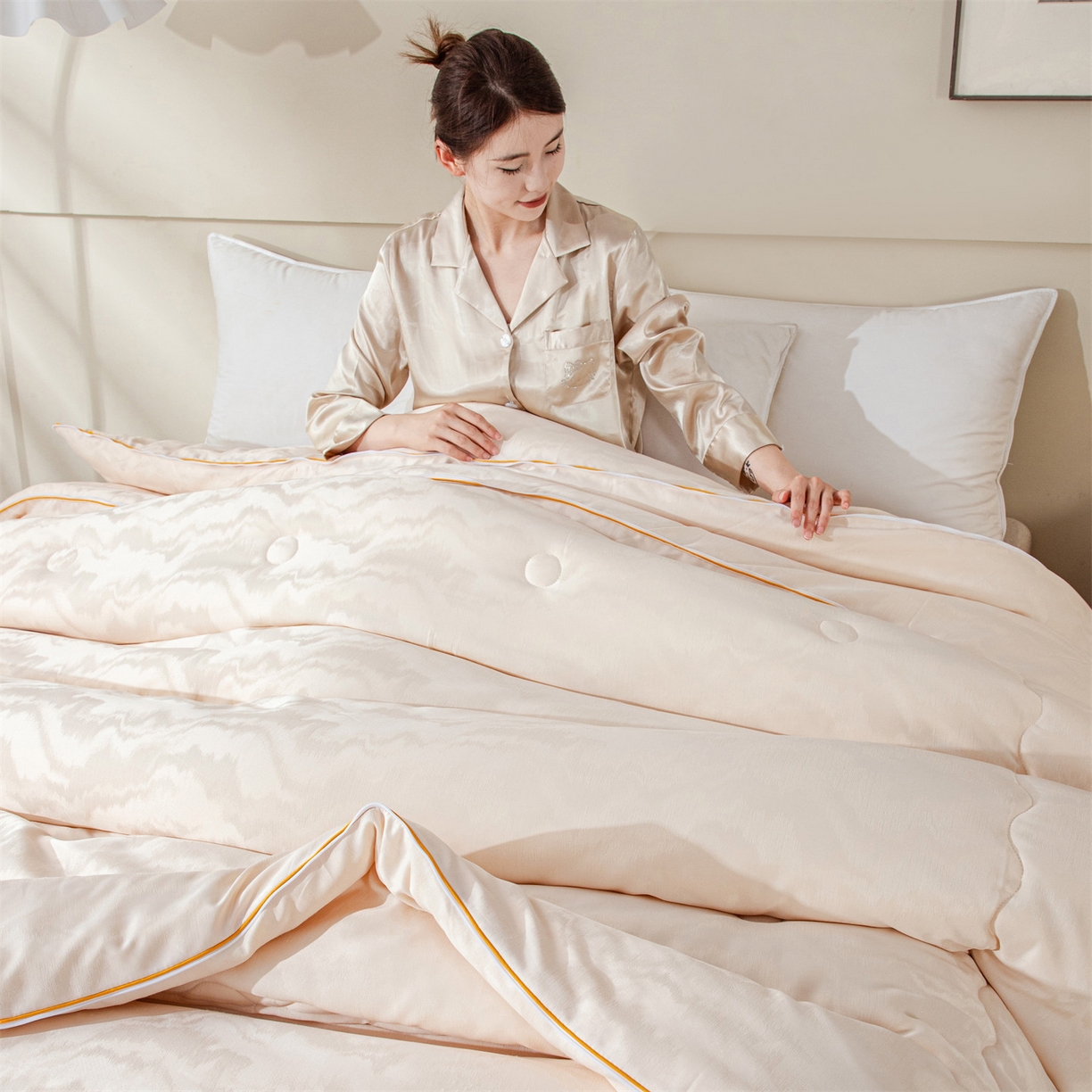 91家纺网 家纺一手货源 找家纺 小禹仔家纺 2026新款全棉提花蚕蛹蛋白子母被-山水系列 山水-香槟