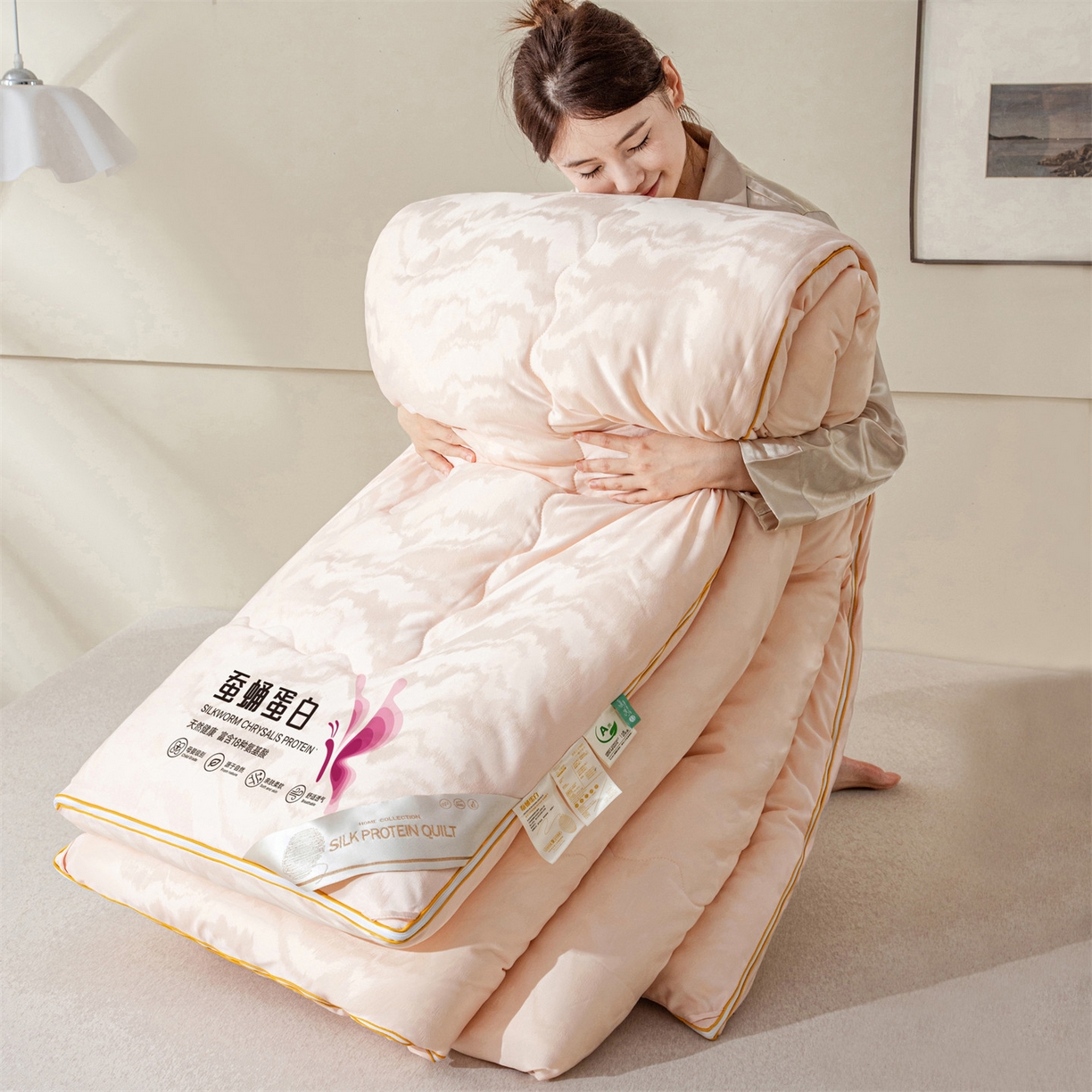 91家纺网 家纺一手货源 找家纺 小禹仔家纺 2026新款全棉提花蚕蛹蛋白子母被-山水系列 山水-香槟