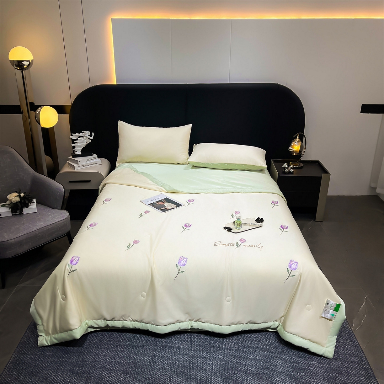 91家纺网 家纺一手货源 找家纺 梵蒂莎 2026新款满绣系列-水洗真丝空调被水洗冰丝夏被四件套夏凉被（需要买家秀，加微信） 郁金香-白绿