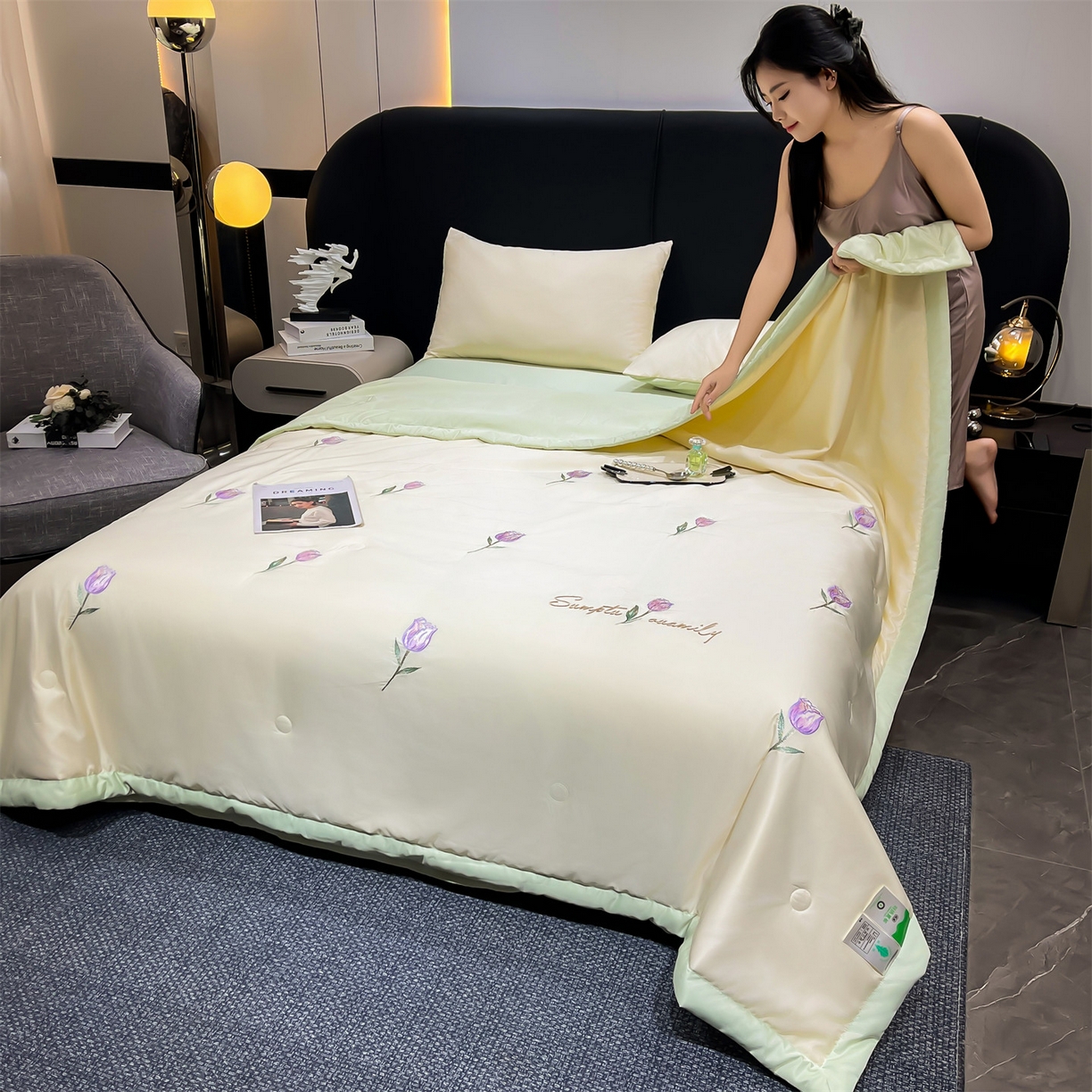 91家纺网 家纺一手货源 找家纺 梵蒂莎 2026新款满绣系列-水洗真丝空调被水洗冰丝夏被四件套夏凉被（需要买家秀，加微信） 郁金香-白绿