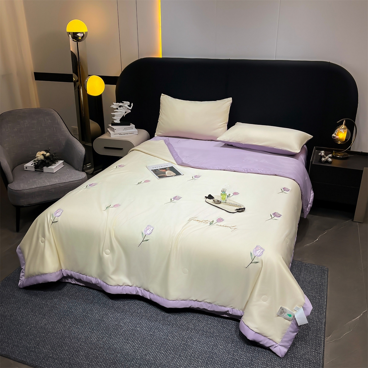 91家纺网 家纺一手货源 找家纺 梵蒂莎 2026新款满绣系列-水洗真丝空调被水洗冰丝夏被四件套夏凉被（需要买家秀，加微信） 郁金香-白紫