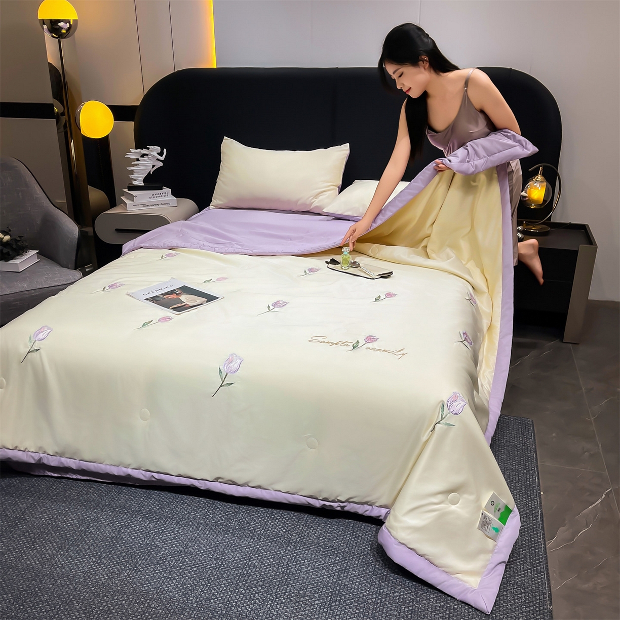 91家纺网 家纺一手货源 找家纺 梵蒂莎 2026新款满绣系列-水洗真丝空调被水洗冰丝夏被四件套夏凉被（需要买家秀，加微信） 郁金香-白紫