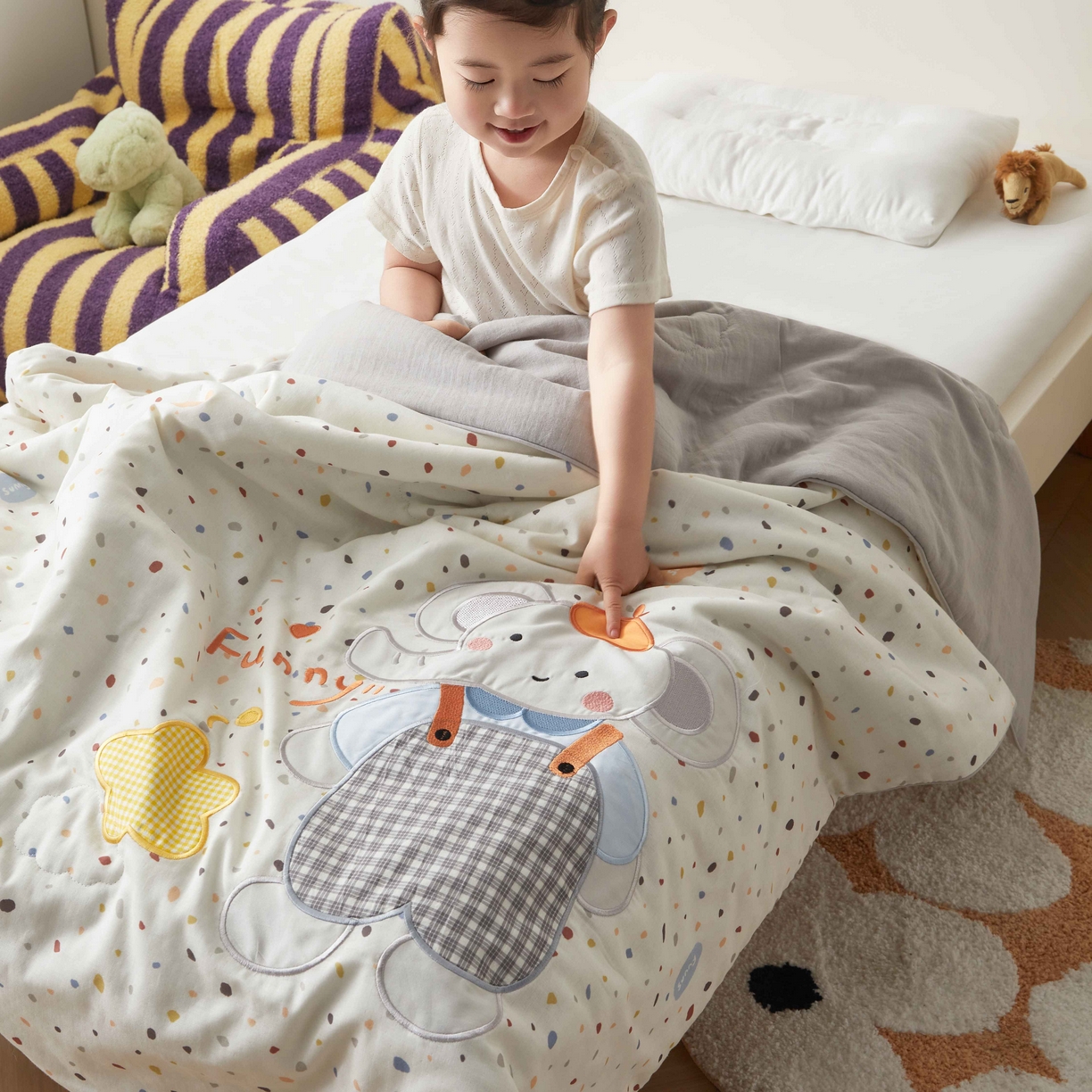 91家纺网 家纺一手货源 找家纺 荷马之梦 2026新款全棉纯棉双层纱印花贴布绣卡通山茶蚕丝儿童夏被-轻芯系列 趣味小象