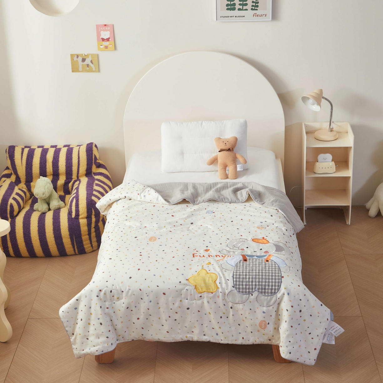 91家纺网 家纺一手货源 找家纺 荷马之梦 2026新款全棉纯棉双层纱印花贴布绣卡通山茶蚕丝儿童夏被-轻芯系列 趣味小象