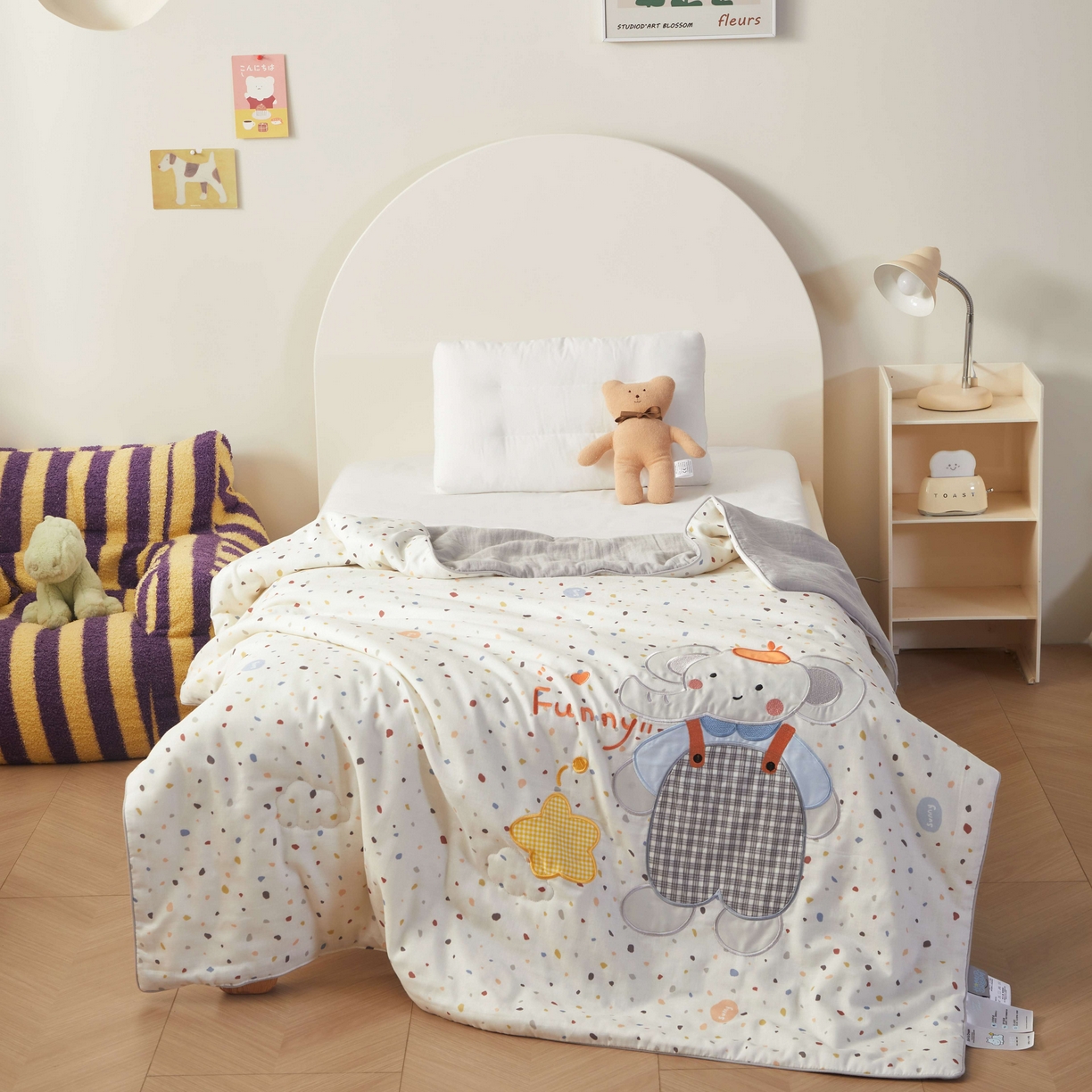 91家纺网 家纺一手货源 找家纺 荷马之梦 2026新款全棉纯棉双层纱印花贴布绣卡通山茶蚕丝儿童夏被-轻芯系列 趣味小象